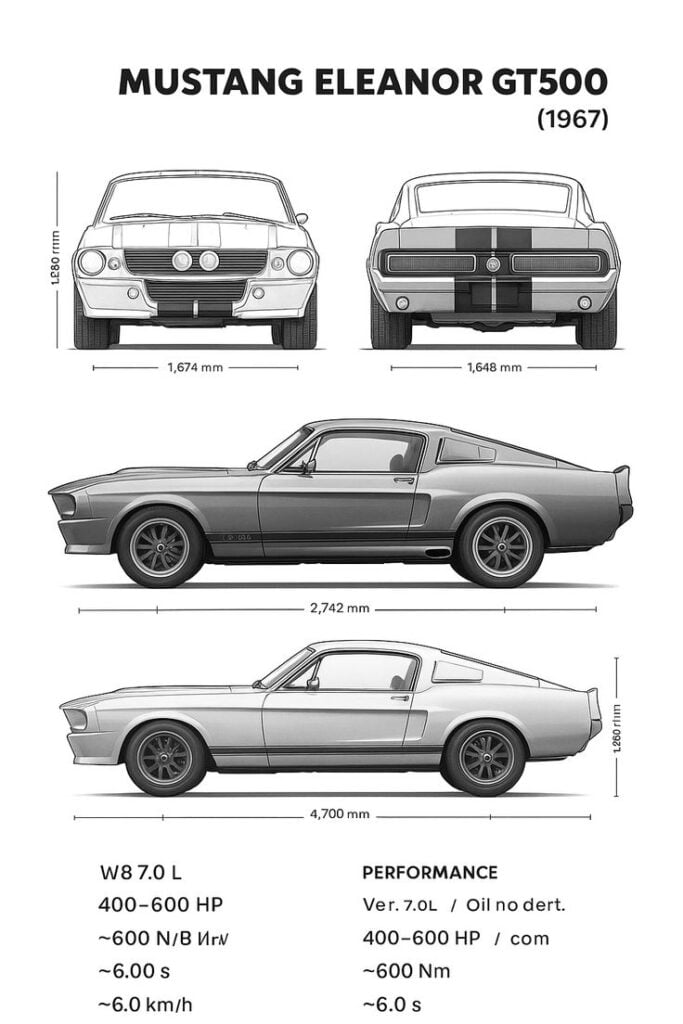 1967 Ford Mustang Eleanor GT500 blueprint: front, rear & side views with dimensions and performance specs, classic muscle car