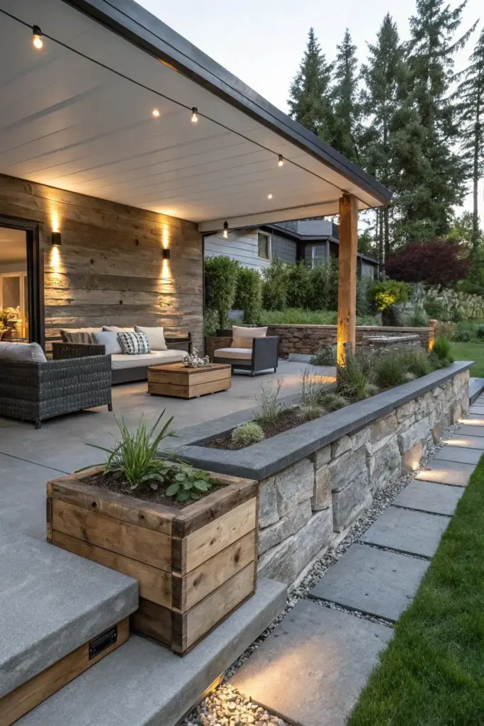 Modern covered patio with cozy outdoor seating, string lights, wood accent wall, stone retaining wall and raised planters in landscaped backyard