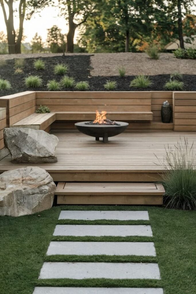 Modern backyard patio with wooden deck and built-in bench, round fire pit, concrete stepping stones and landscaped lawn.