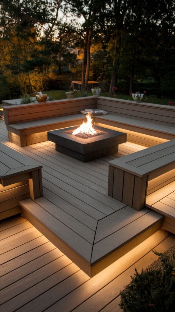 Modern wood deck with built-in L-shaped benches, square fire pit and warm LED under-bench lighting in a cozy backyard at dusk.