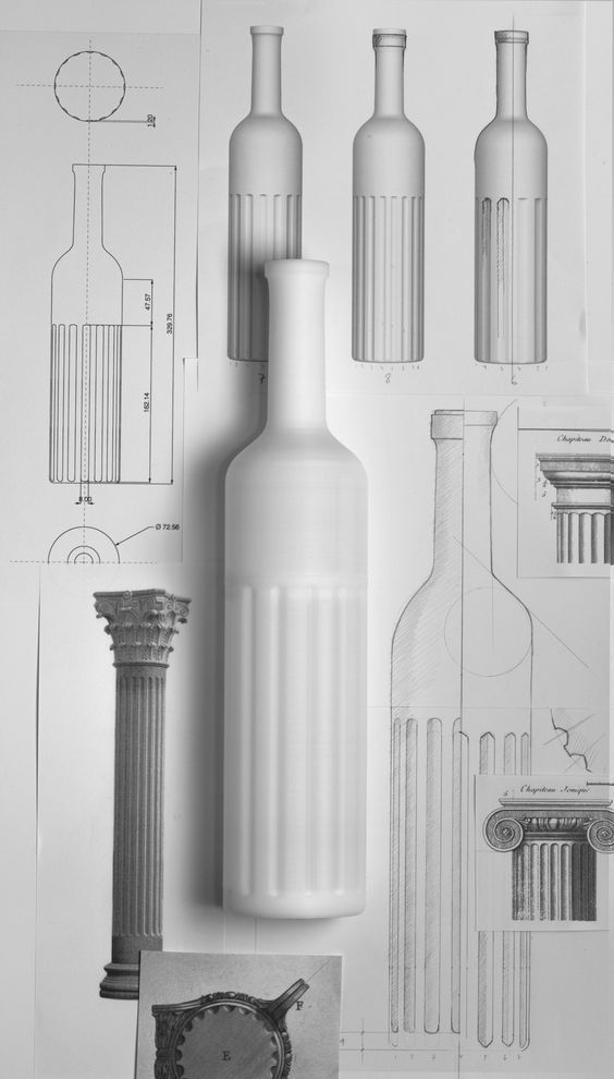 Matte white bottle mockup centered over architectural column and technical design sketches, showing fluted, column-inspired bottle design concept.