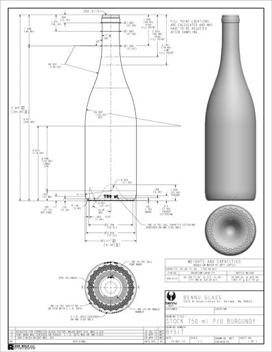 750ml Burgundy wine bottle blueprint with dimensions and profiles: side elevation, neck, base and bottom views technical drawing.
