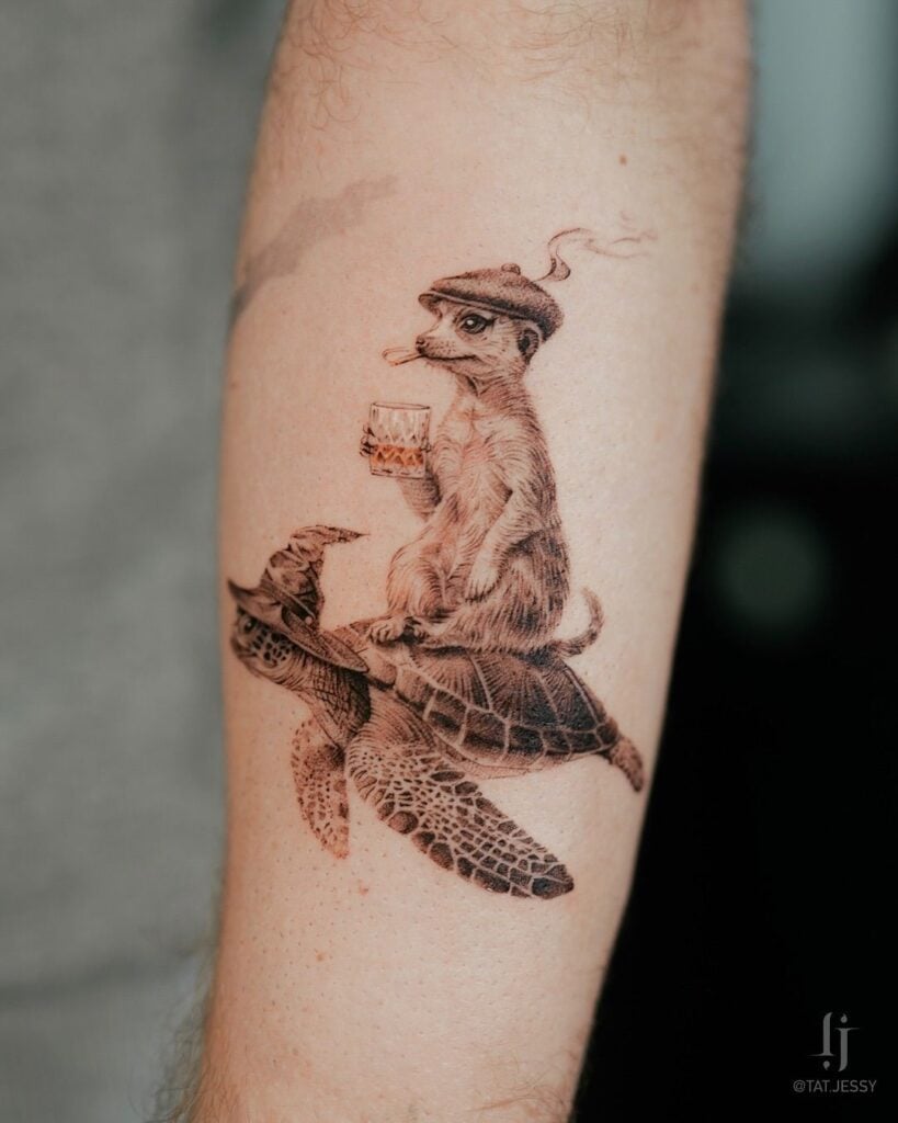 Fine-line black ink forearm tattoo of a meerkat in a beret smoking and holding a drink while riding a witch-hat-wearing sea turtle.