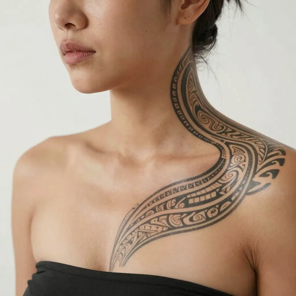 Close-up of woman with ornate black tribal tattoo flowing from neck across shoulder and upper chest, detailed Polynesian-style ink.