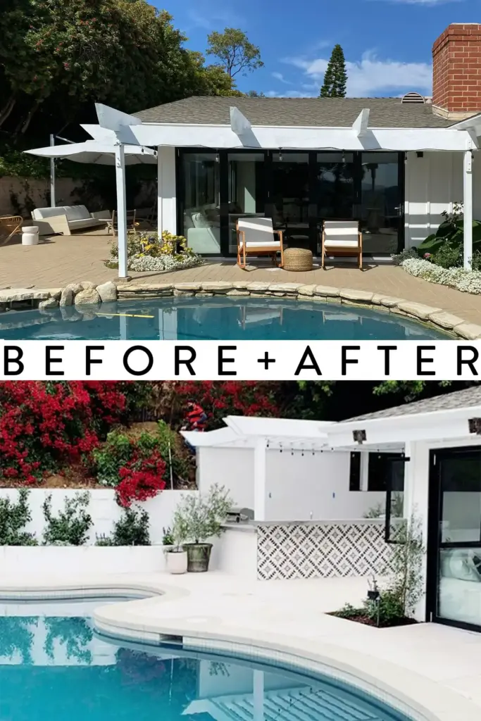 Split before-and-after backyard pool renovation: older wood deck and pergola transformed into modern white pool deck with tiled bar.