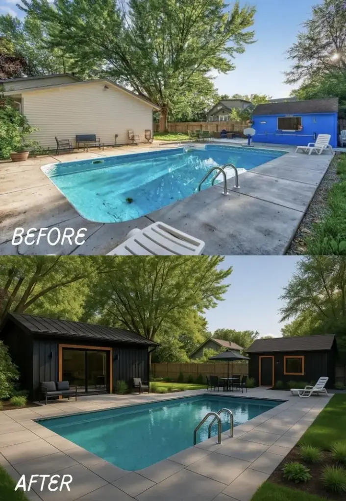Before and after backyard pool renovation: outdated concrete pool turned into modern pool with paver patio, dark pool house, and new landscaping