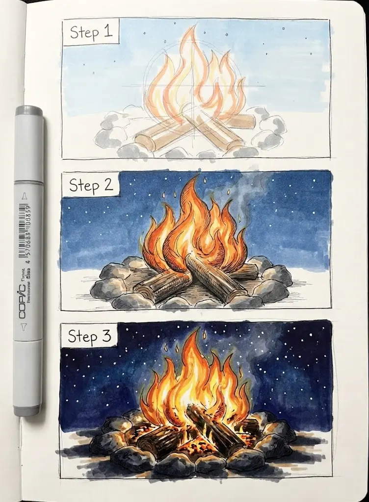 Three-step watercolor and Copic marker tutorial of a campfire: step 1 sketch, step 2 colored flames and logs, step 3 finished glowing fire under stars.