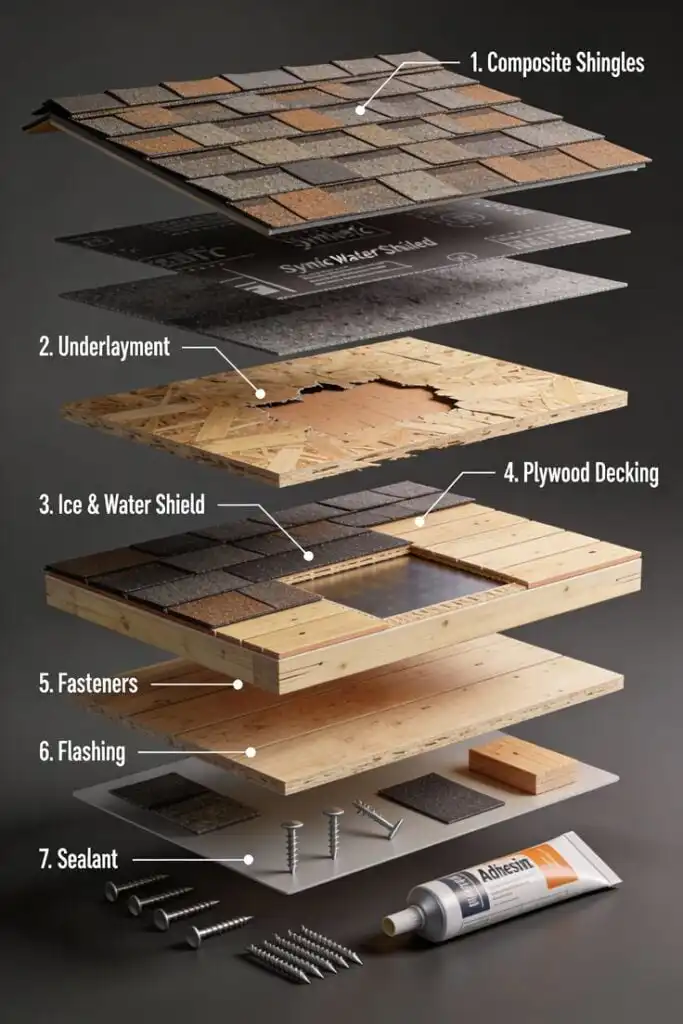 Exploded roof assembly showing layers: composite shingles, underlayment, ice & water shield, plywood decking, fasteners, flashing, sealant