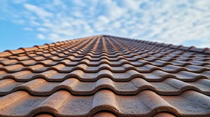 Low-angle close-up of red clay roof tiles with wavy textured profile against blue sky, ideal for roofing, tile installation and repair.