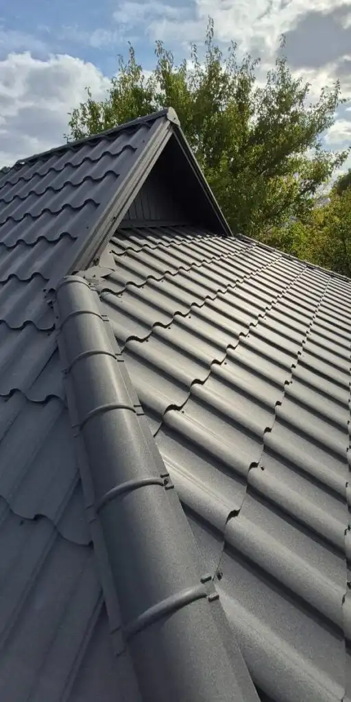 Matte gray metal roof tiles and ridge cap on a residential gable roof, close-up view with trees and cloudy sky in the background.