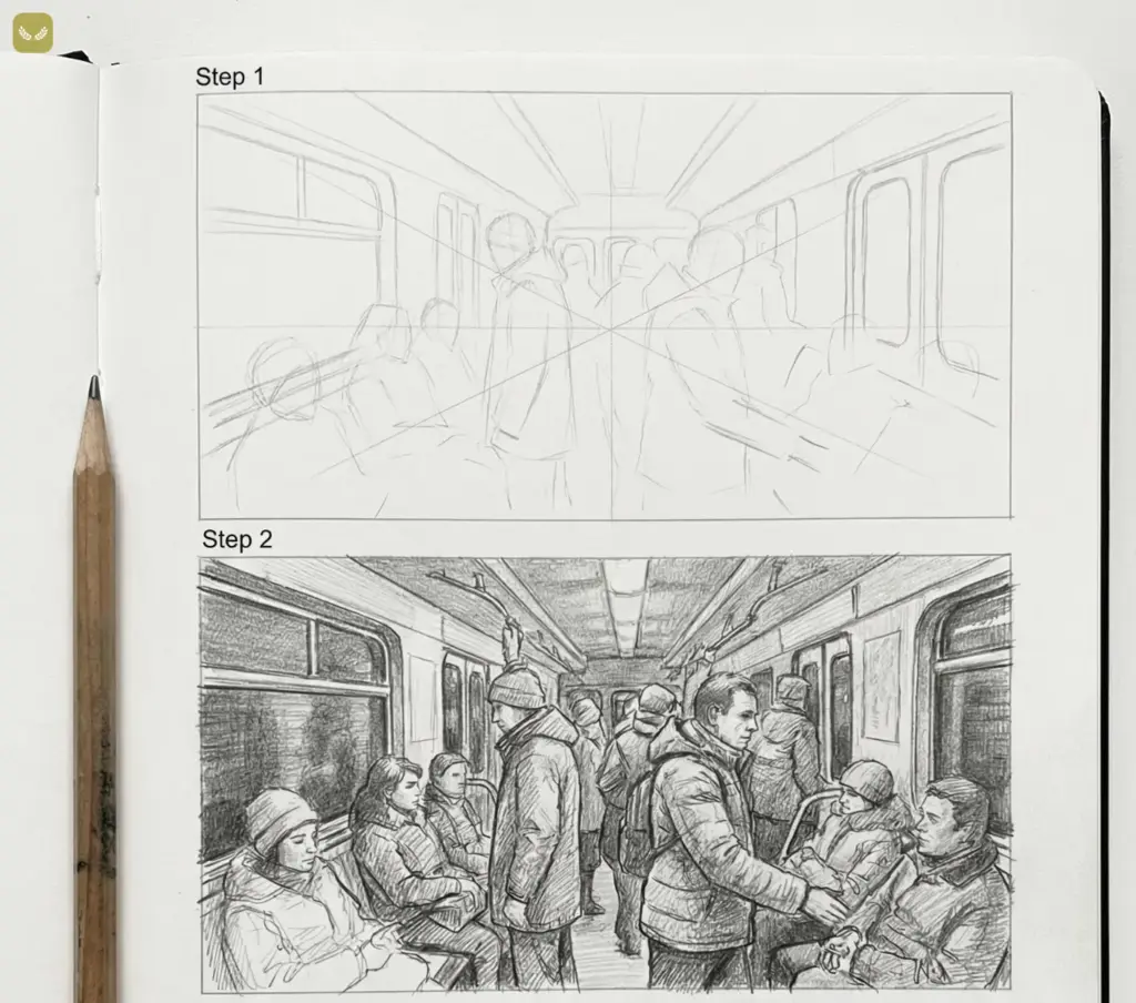 Screenshot 2026-02-01 at 200323 Pencil sketch of a subway scene, showing progress from outline to detailed drawing with passengers sitting and standing. | Sky Rye Design Pencil sketch of a subway scene, showing progress from outline to detailed drawing with passengers sitting and standing.
