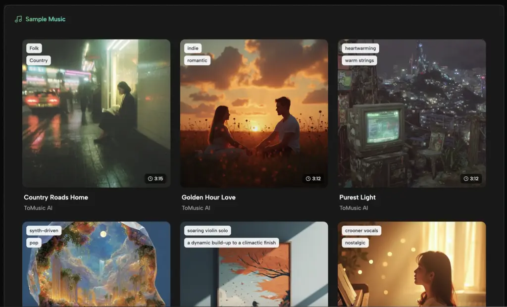Music library grid UI with album thumbnails (Country Roads Home, Golden Hour Love, Purest Light), AI-generated sample tracks and genre tags. Text to Music Generator