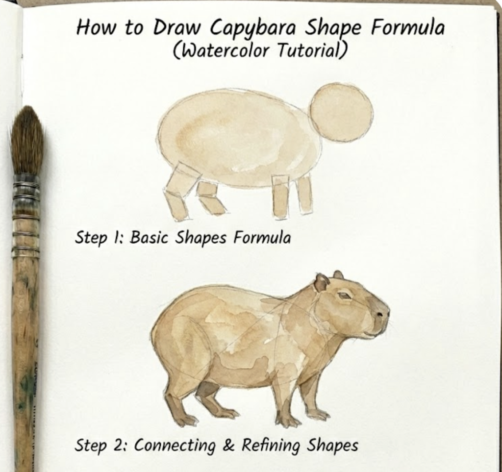Watercolor tutorial: how to draw capybara using basic shapes (oval+circle) and refined watercolor result, paintbrush at left.