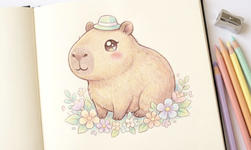 Pastel colored-pencil illustration of a cute capybara wearing a tiny hat, surrounded by pastel flowers in a sketchbook with colored pencils.