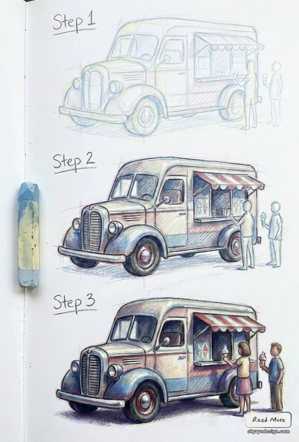 Vintage ice cream truck sketch: step-by-step colored pencil progression from rough outline to finished van with awning and customers.