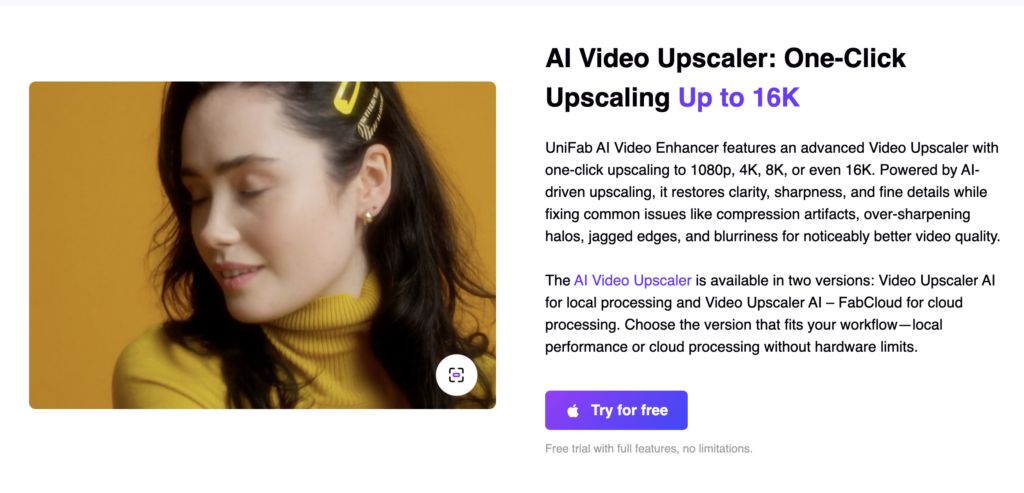 AI Video Upscaler webpage screenshot: woman portrait on left, headline 'One-Click Upscaling Up to 16K' and 'Try for free' CTA.