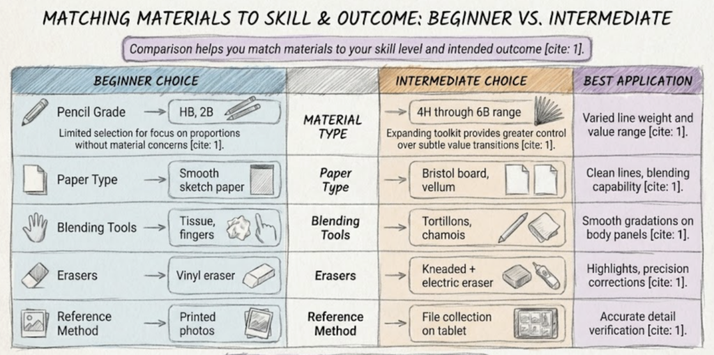 Infographic comparing drawing materials for beginner vs intermediate: pencil grades, paper, blending tools, erasers, reference methods.