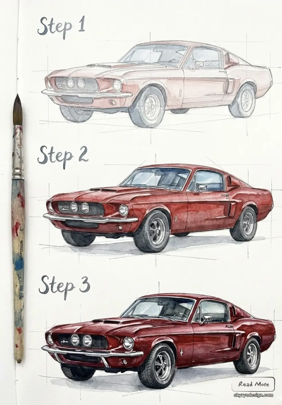 How to draw a classic car: step-by-step watercolor tutorial showing three stages of a red 1967 Ford Mustang fastback with paintbrush.