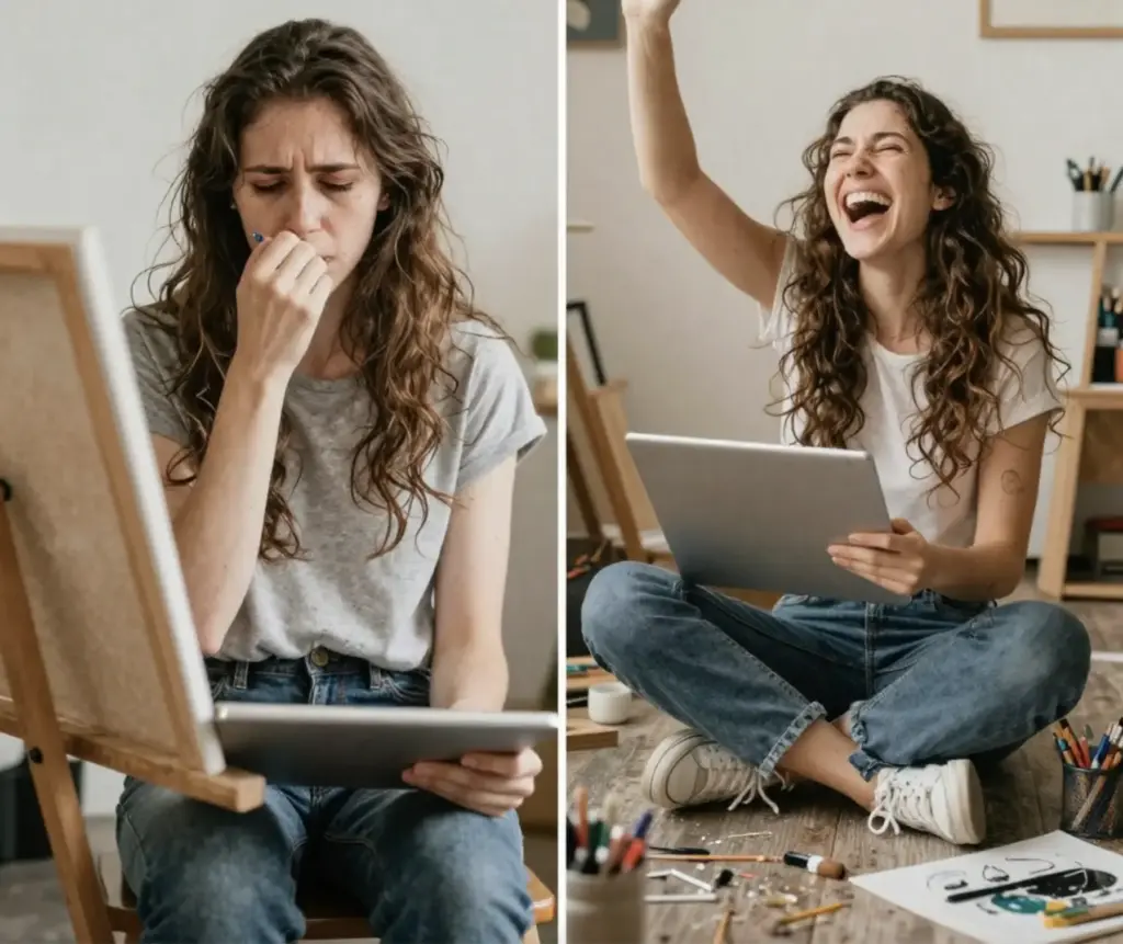 Split image of female artist using a tablet in studio - frustrated then joyful celebrating a creative breakthrough among paints and sketches.