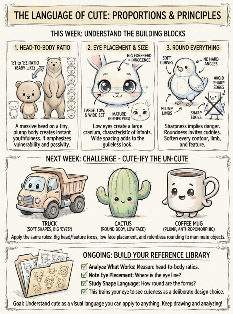 Infographic: The Language of Cute - design tips: head-to-body ratio, eye placement/size, round shapes; examples: truck, cactus, coffee mug.