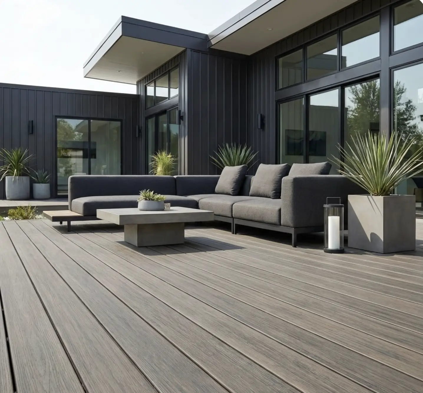 Modern patio decking with gray sectional sofa, concrete coffee table and planters outside a sleek black contemporary home