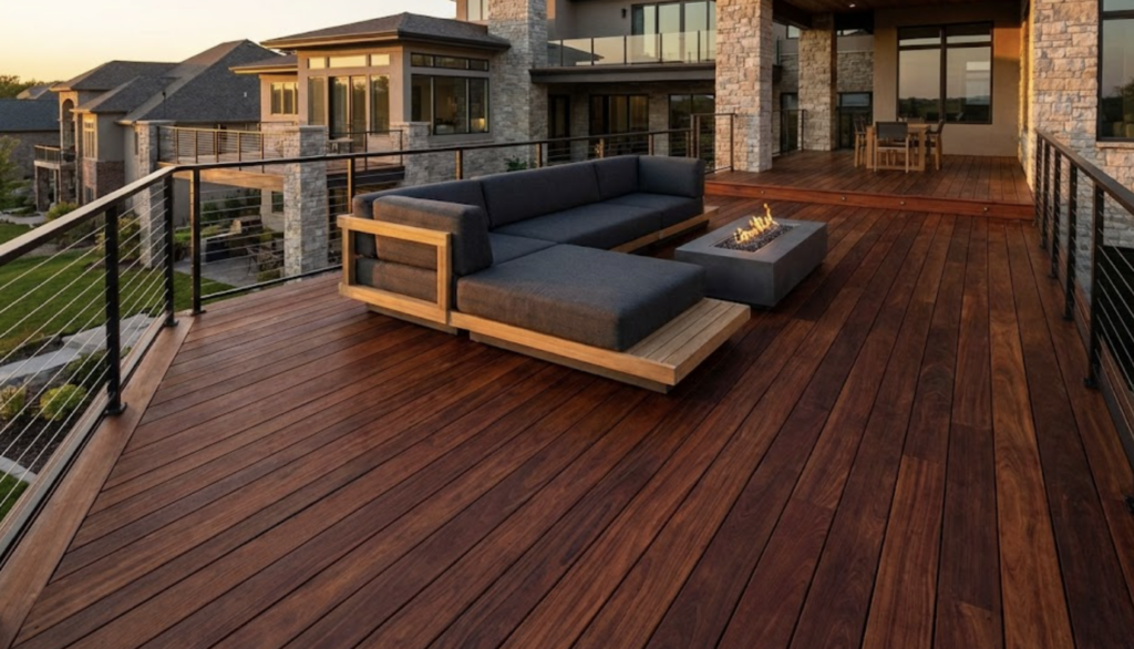 Luxury modern hardwood deck with gray outdoor sectional sofa and rectangular fire pit, cable railing and stone house facade at sunset