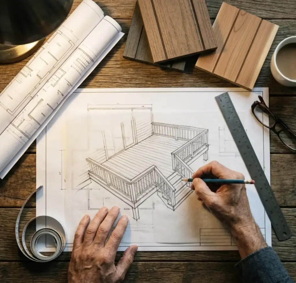 Architectural sketch of a wooden deck design being drawn by hands, with wood samples, ruler, rolled blueprints and coffee cup.