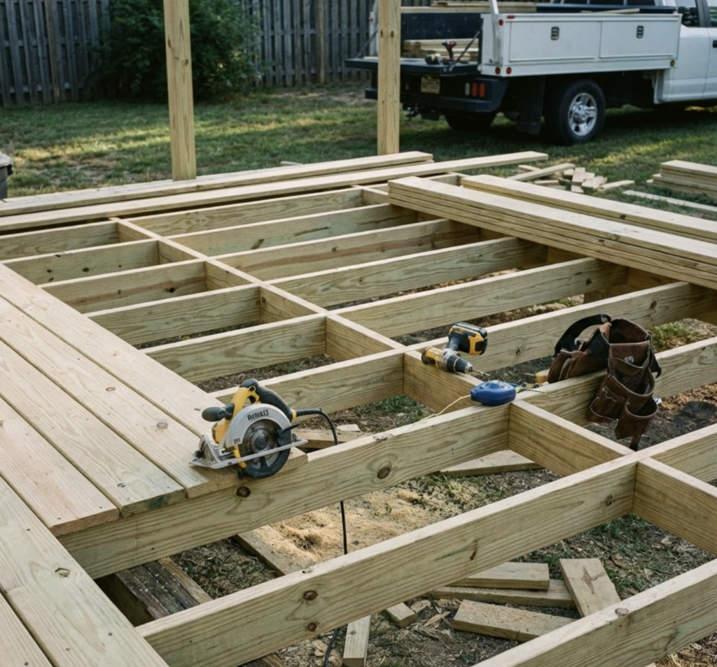 Backyard deck construction: wooden deck frame with circular saw, cordless drill, tape measure and tool belt on joists, lumber and truck nearby