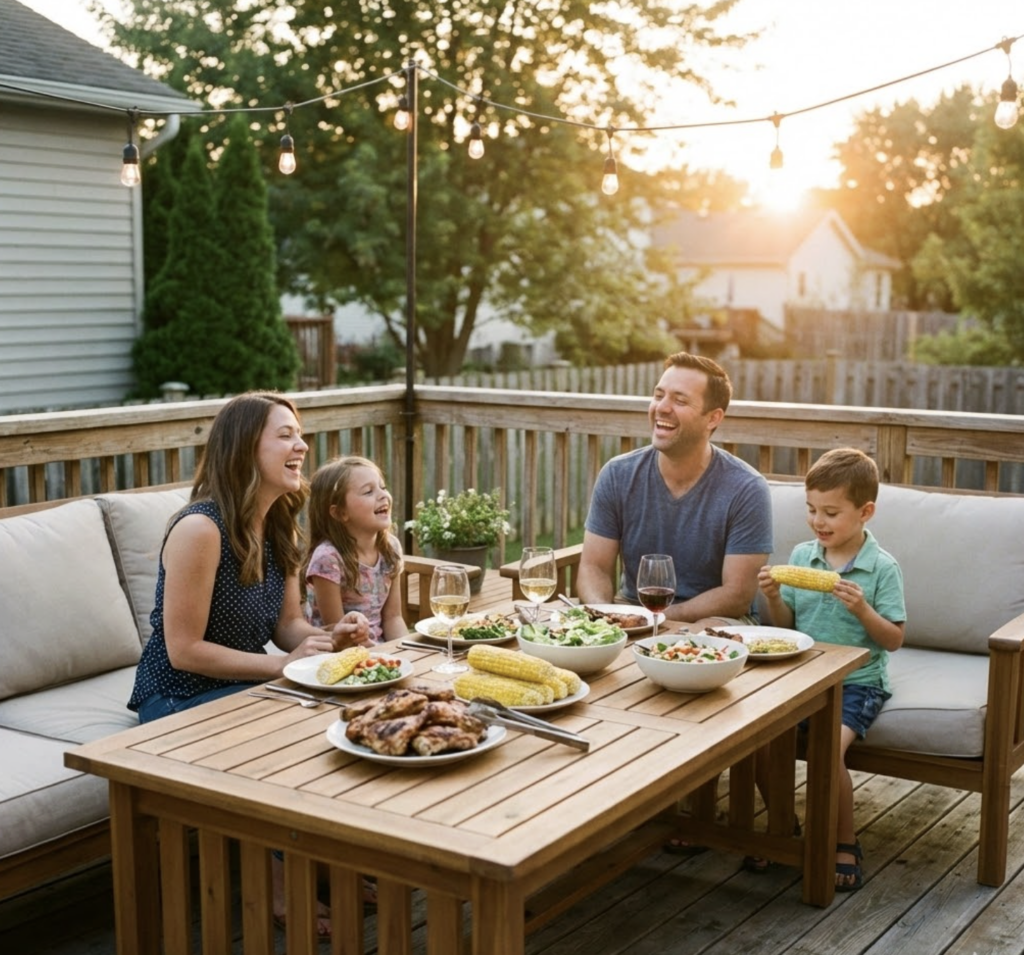 Family enjoying a summer backyard dinner on a wooden deck with grilled chicken, corn on the cob, salads and string lights at sunset.