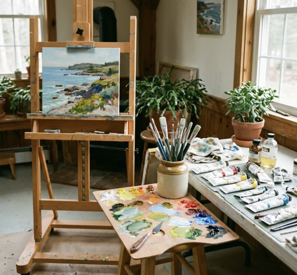 Sunlit artist studio with easel showing a coastal painting, oil paint palette, brushes in a jar and tubes on a worktable.