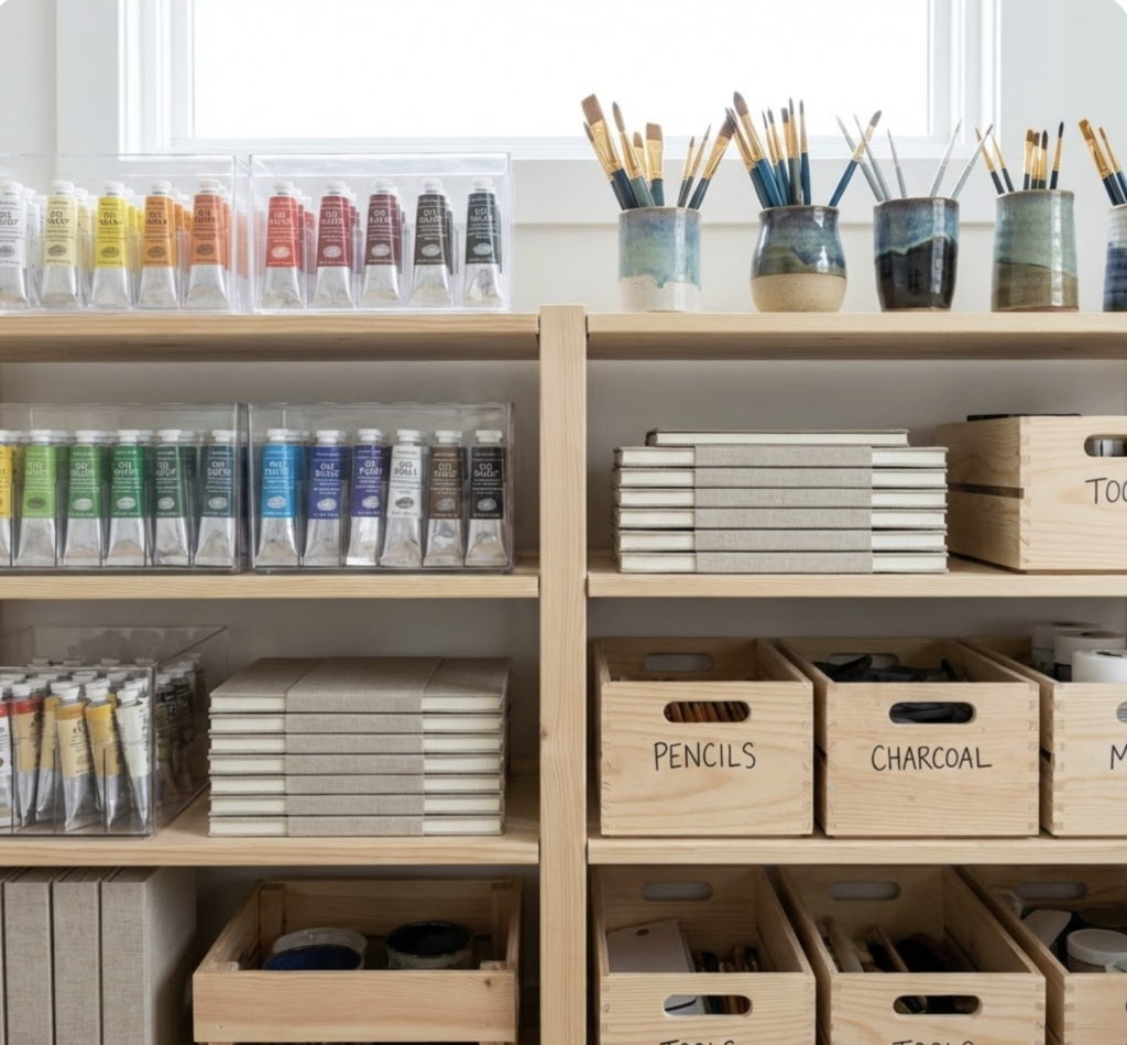 Organized art studio storage: paint tubes, ceramic brush holders, stacked sketchbooks and labeled wooden crates for pencils and charcoal.