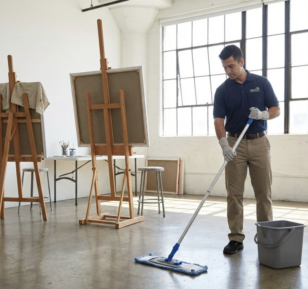 Commercial cleaner mopping polished concrete floor in bright artist studio with wooden easels, canvases and large industrial windows