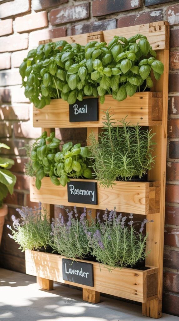 Vertical herb garden: wooden wall planter with labeled basil, rosemary and lavender in three tiers