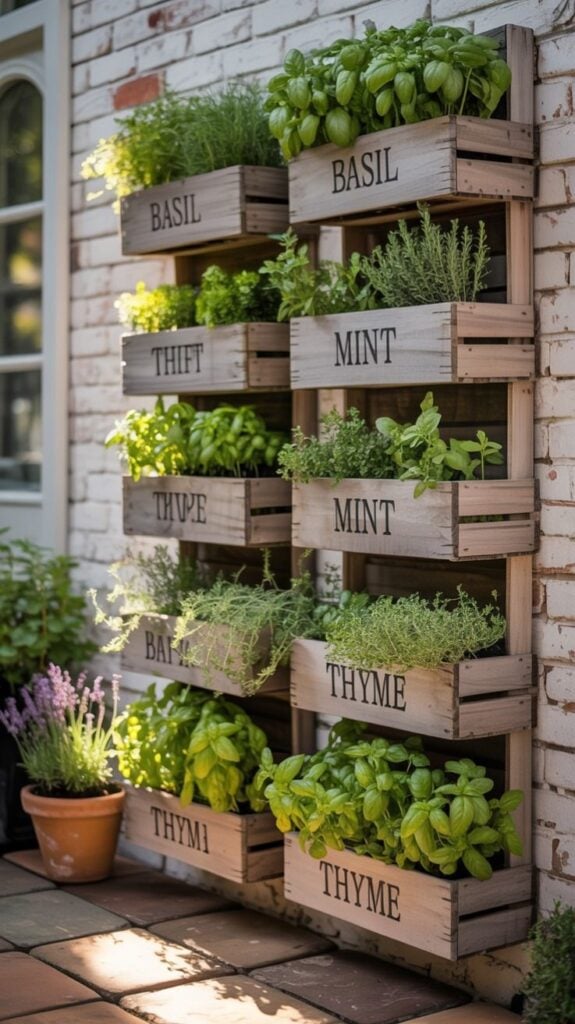 Vertical herb garden on a patio wall with wooden crate planters labeled Basil, Mint, Thyme - lush fresh herbs for cooking and home gardening