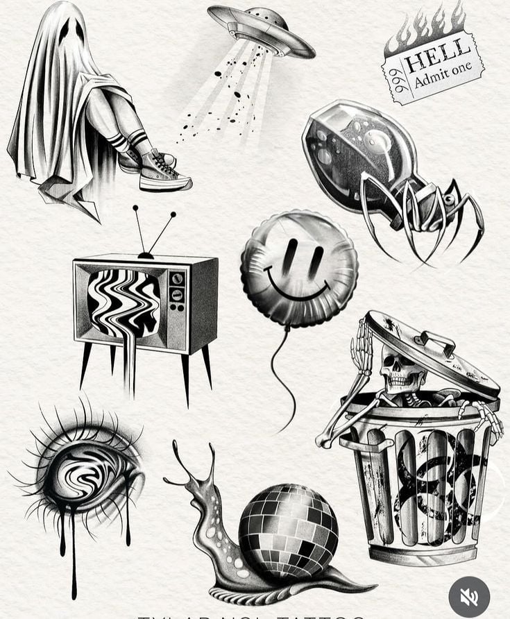 Black-and-white tattoo flash sheet: ghost with sneakers, UFO beam, static TV, smiley balloon, skull in biohazard trash, dripping eye, disco snail