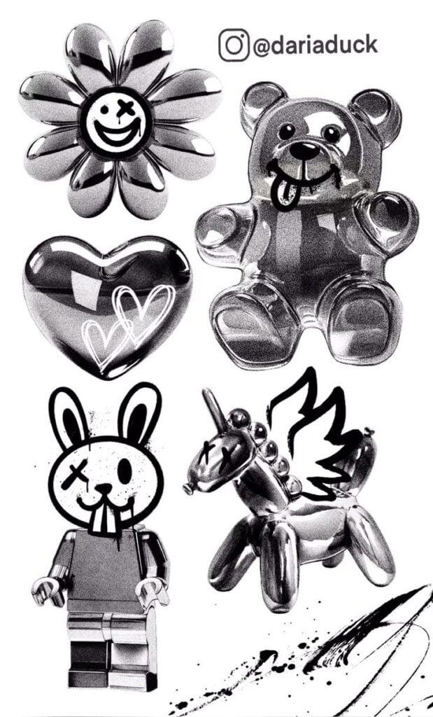 Grayscale collage of shiny toys: smiling daisy, heart, gummy bear, bunny minifigure and winged unicorn balloon