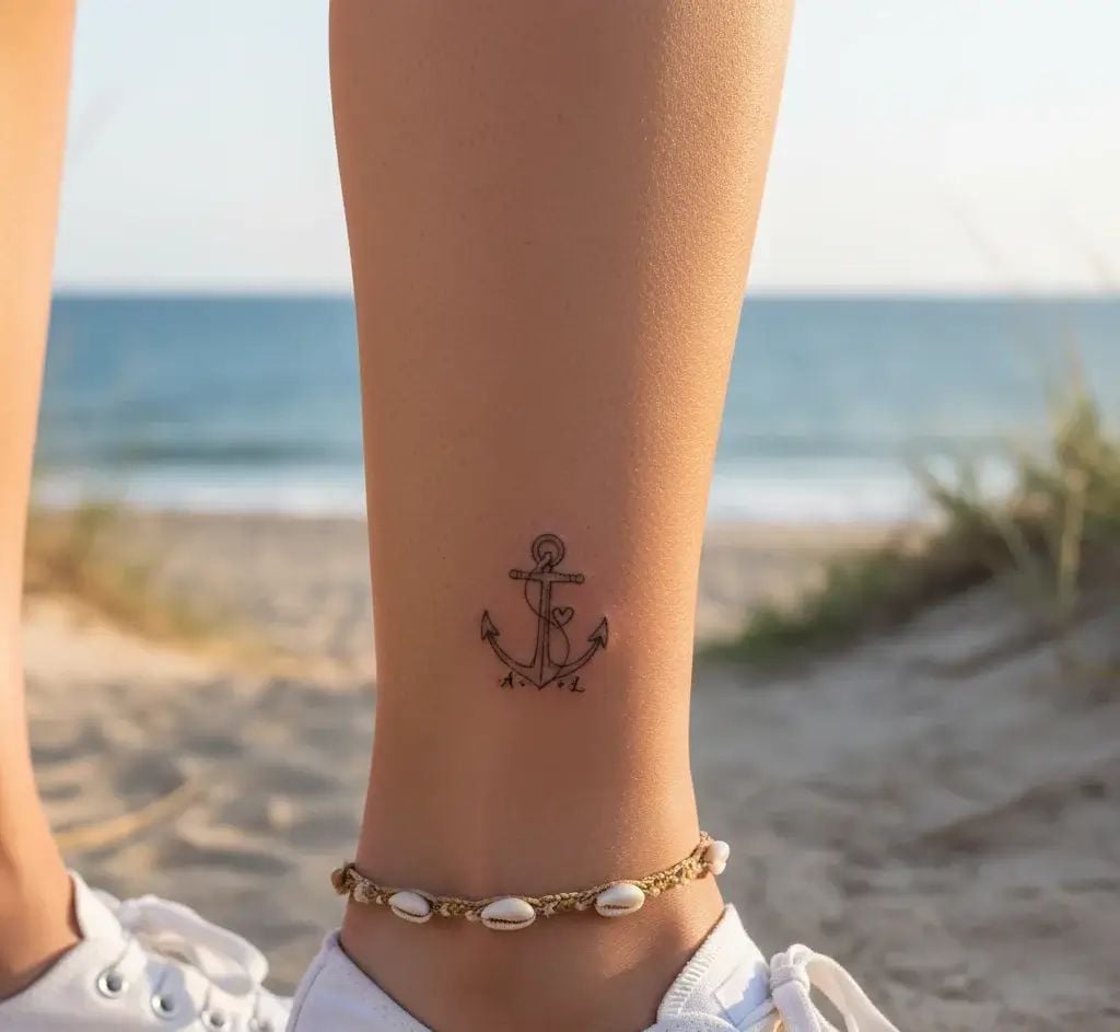 Ankle with small anchor tattoo and shell anklet on sandy beach, minimalist nautical summer fashion