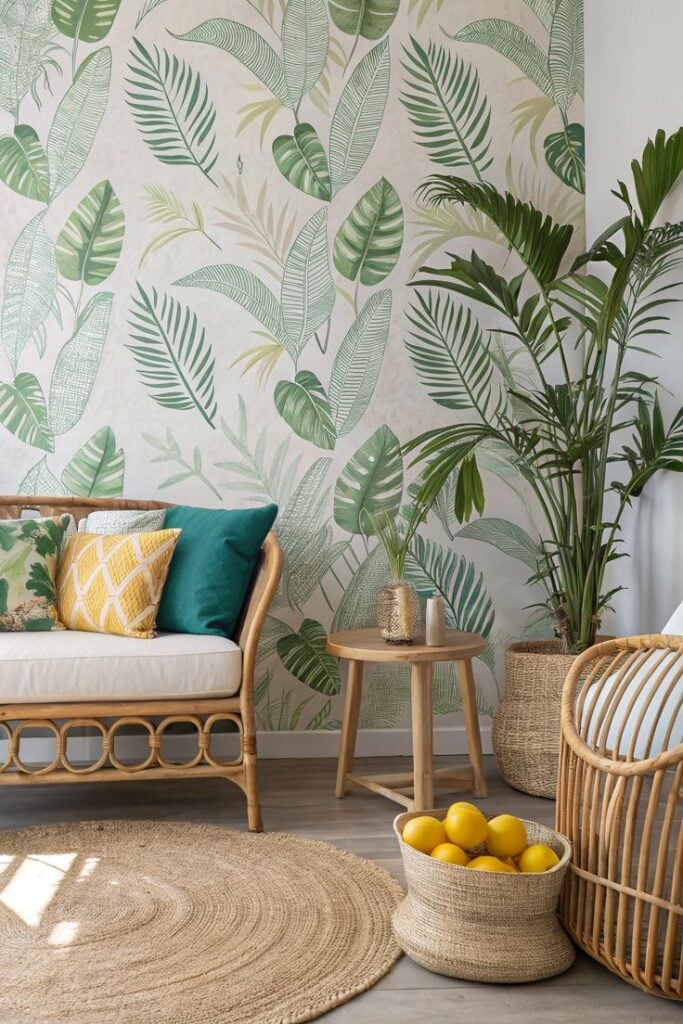 Tropical boho living room with rattan sofa, green botanical wallpaper, indoor palm, woven rug and basket of lemons — modern coastal decor