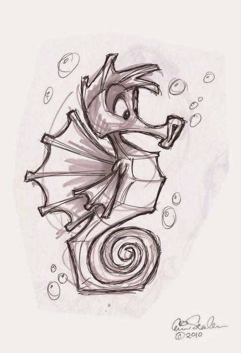 Whimsical hand-drawn ink sketch of a cartoon seahorse with a spiral tail and bubbles, artist-signed 2010.