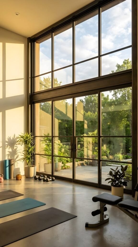 Sunlit home gym with floor-to-ceiling windows, yoga mats, dumbbells and a weight bench overlooking a patio garden.