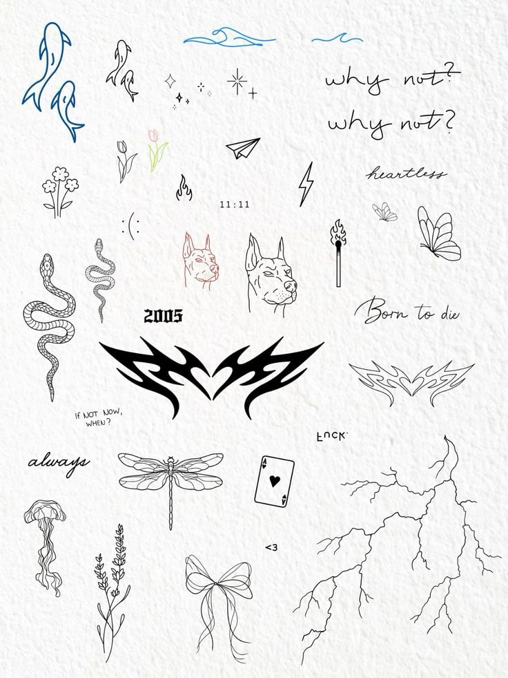Minimal tattoo flash sheet on textured paper: tribal wings, snakes, butterflies, dragonfly, jellyfish, flowers, lightning bolts and script.