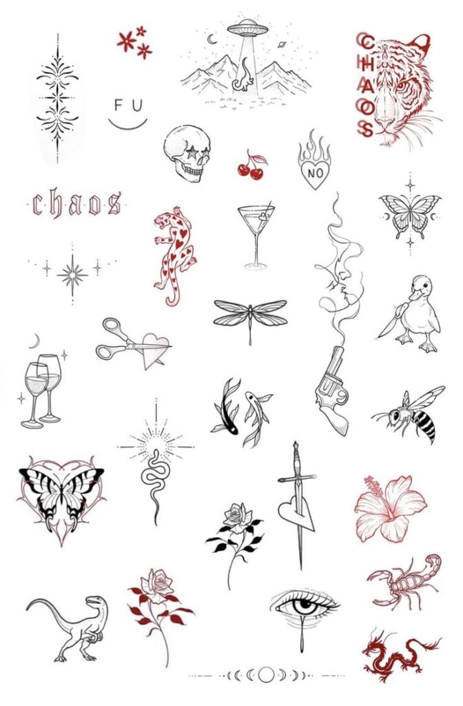 Minimal black & red tattoo flash sheet with assorted line-art icons: tiger, UFO, skull, dragonfly, rose, dagger, butterfly, scorpion, koi.