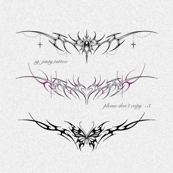 Three ornamental tribal tattoo designs: top winged jeweled motif, middle black and pink heart filigree, bottom butterfly-inspired tribal piece.