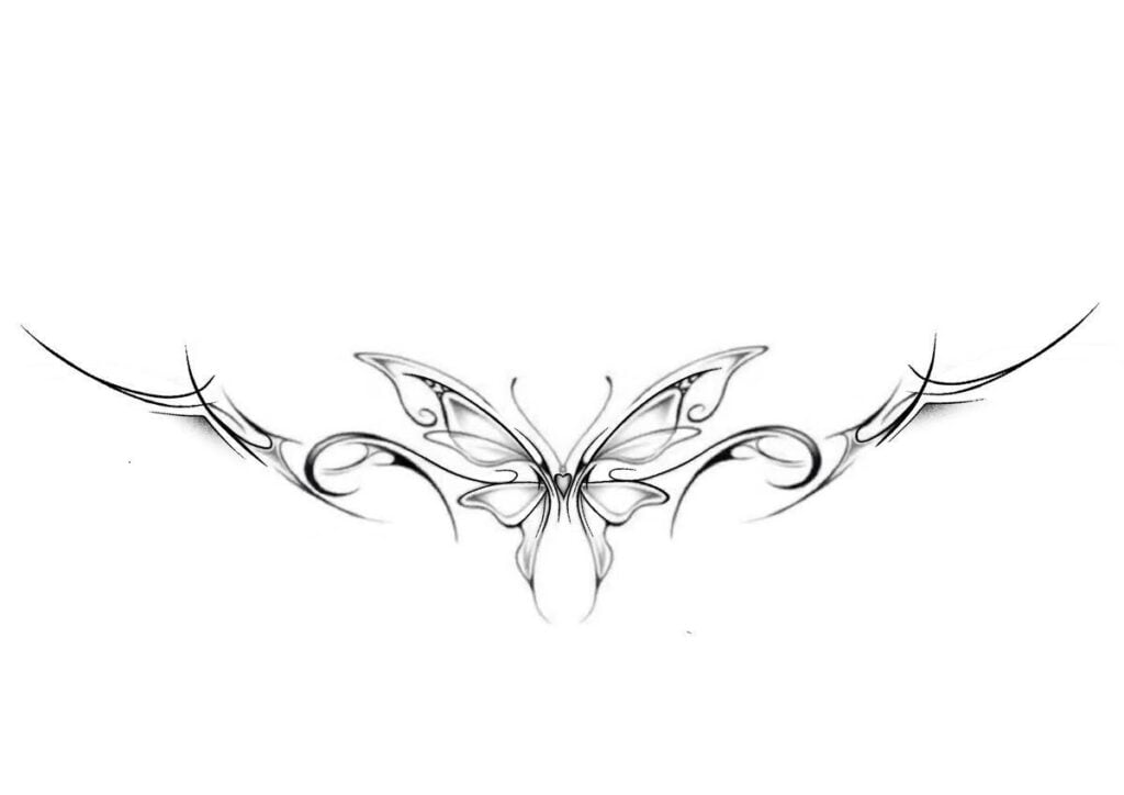 Ornamental tribal butterfly tattoo design in black line art with flowing symmetrical swirls, ideal for chest or back placement
