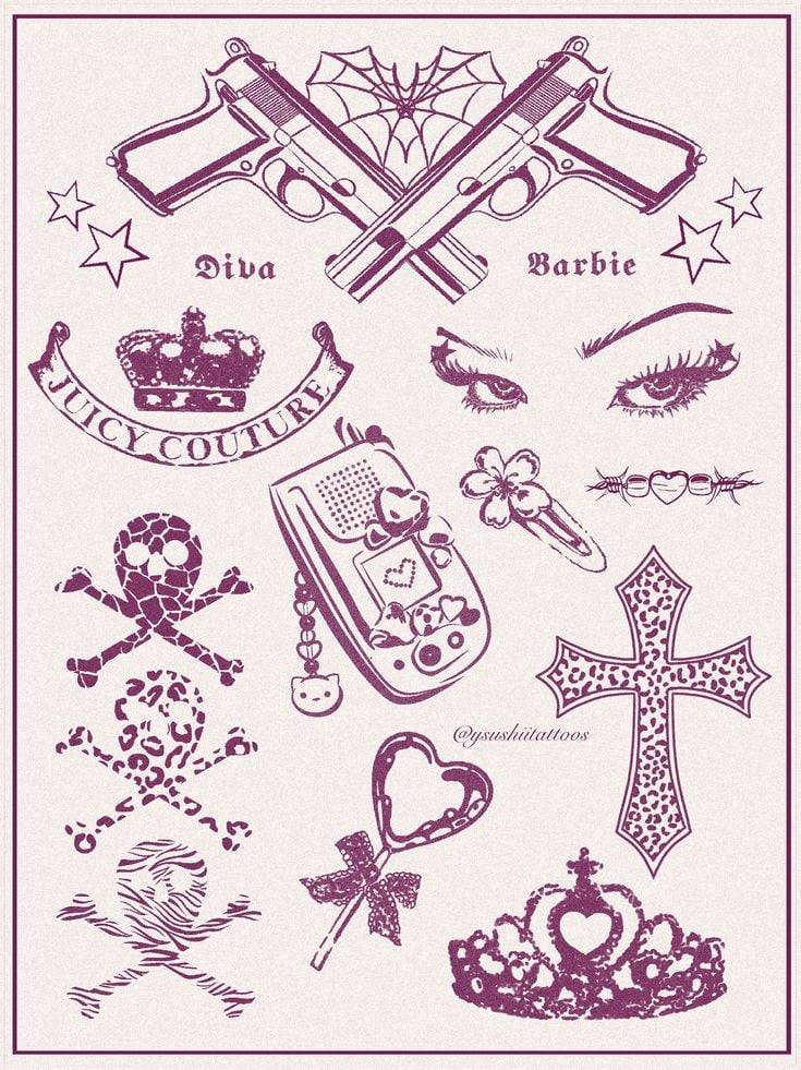 Pink tattoo flash sheet with crossed pistols, Juicy Couture crown, stylized eyes, skulls, cross, phone charm, tiara and heart lollipop