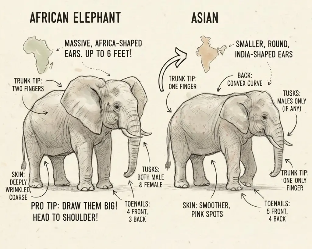 africa-vs-asia-elephant African vs Asian elephant differences infographic: labeled sketch showing ear shape, trunk-tip fingers, tusks, skin texture and toenail counts. | Sky Rye Design African vs Asian elephant differences infographic: labeled sketch showing ear shape, trunk-tip fingers, tusks, skin texture and toenail counts.