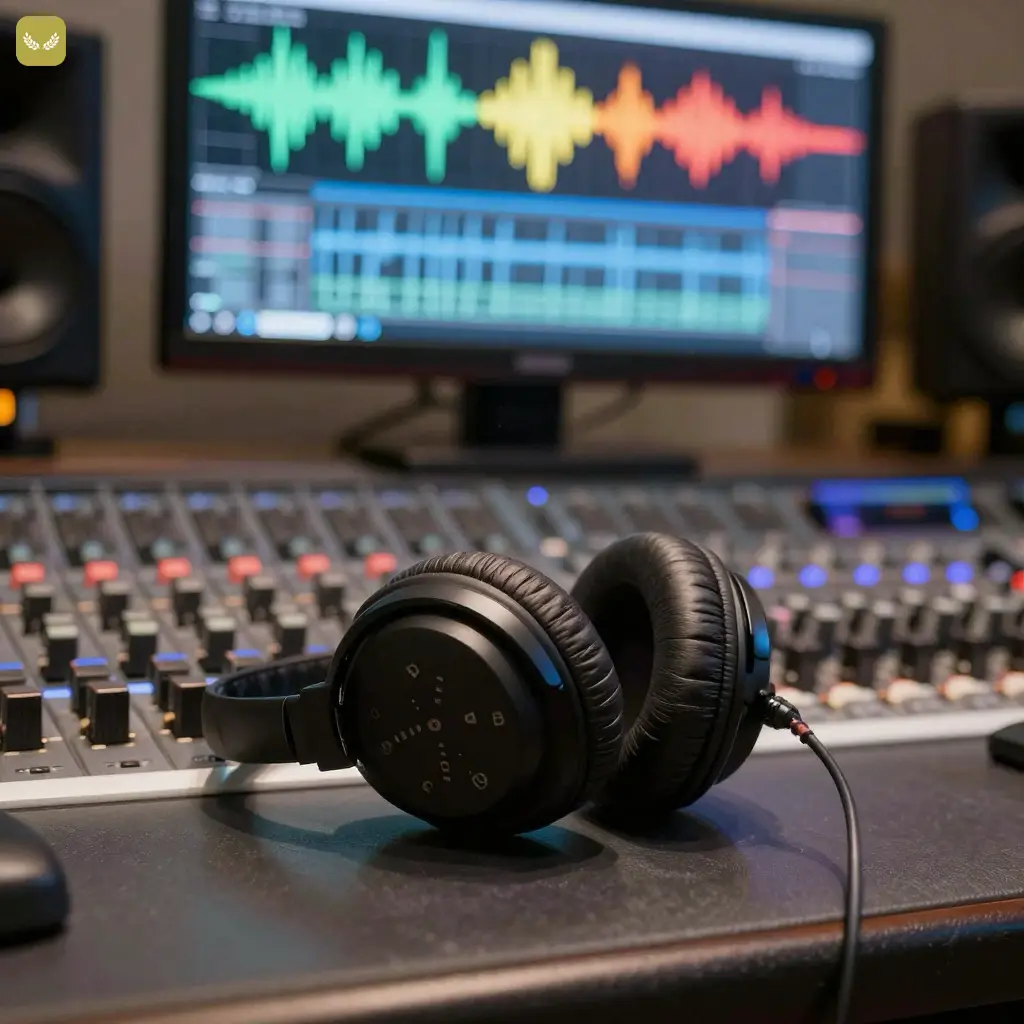 Studio headphones on mixing console with colorful waveform on monitor in a professional audio recording studio