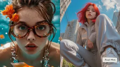 Split fashion image: underwater closeup of freckled woman in glasses with goldfish; low-angle urban portrait of redhead in gray tracksuit.