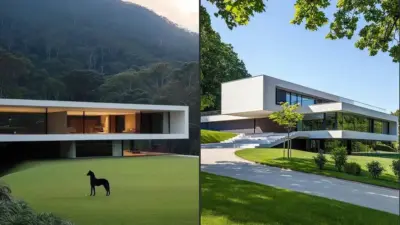 Two modern luxury homes: left cantilevered glass house on lawn with dog silhouette and forest; right white contemporary villa with driveway.