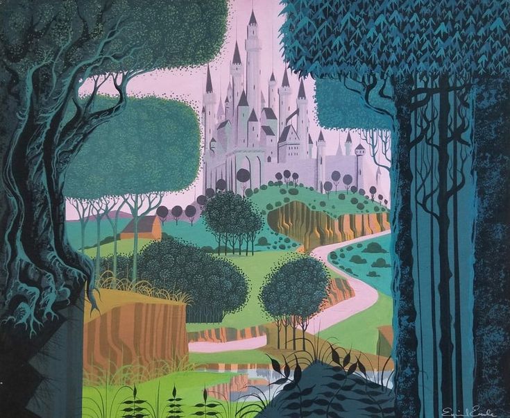 Whimsical storybook illustration of a distant fairy-tale castle beyond a winding path through lush, stylized forest and rolling hills.